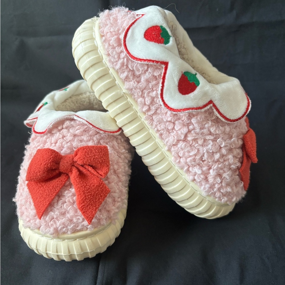 Cozy Pink Kids Slippers with Red Bow  🍓